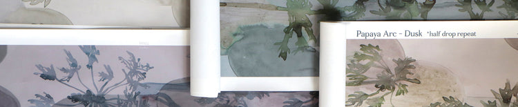 Eskayel's Papaya Arc's wallpaper collection depicts watercolor studies of a giant papaya tree spotted in Costa Rica superimposed on a backdrop of overlapping ovals.