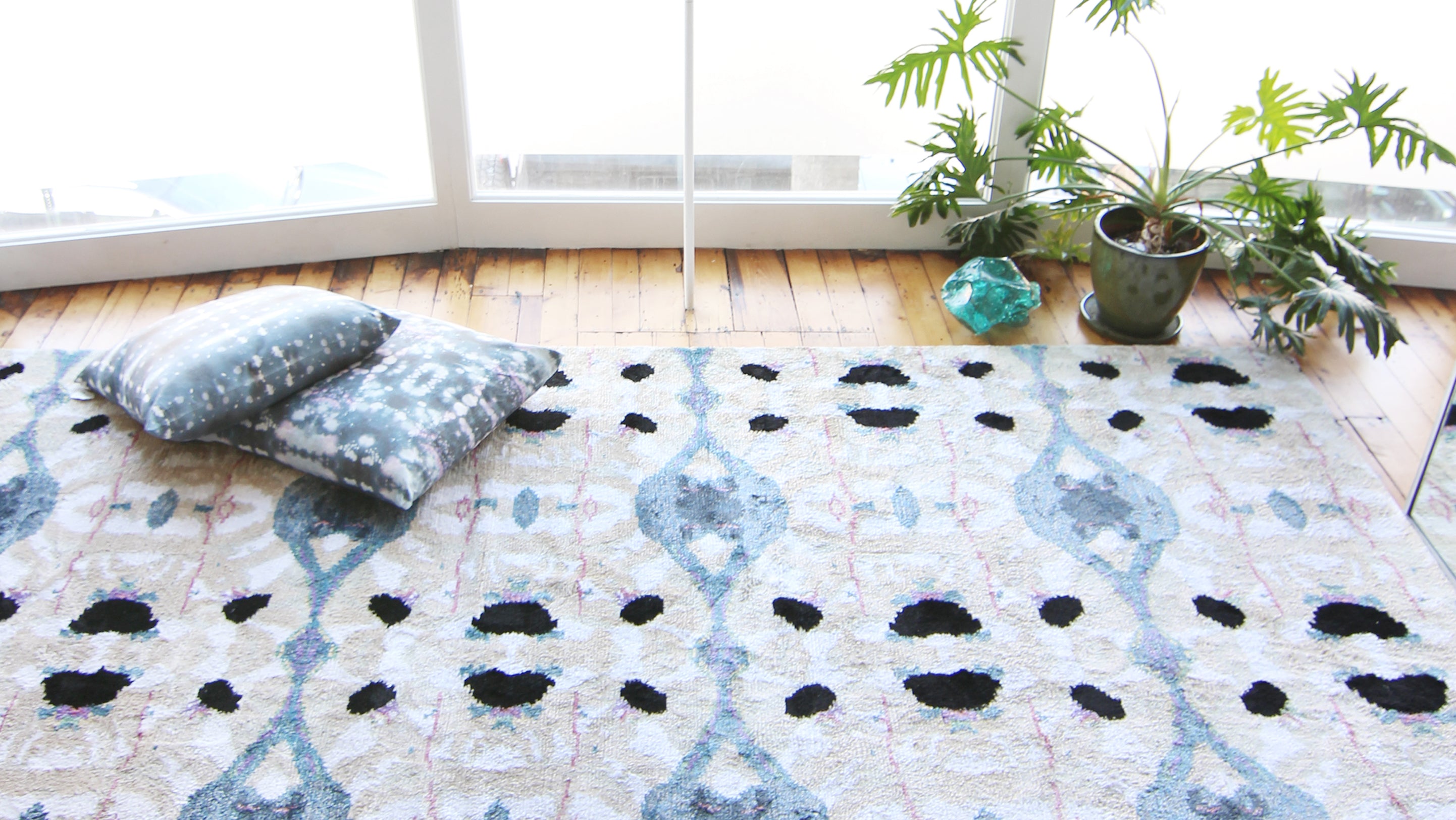 A blue rug on the floor next to a potted plant