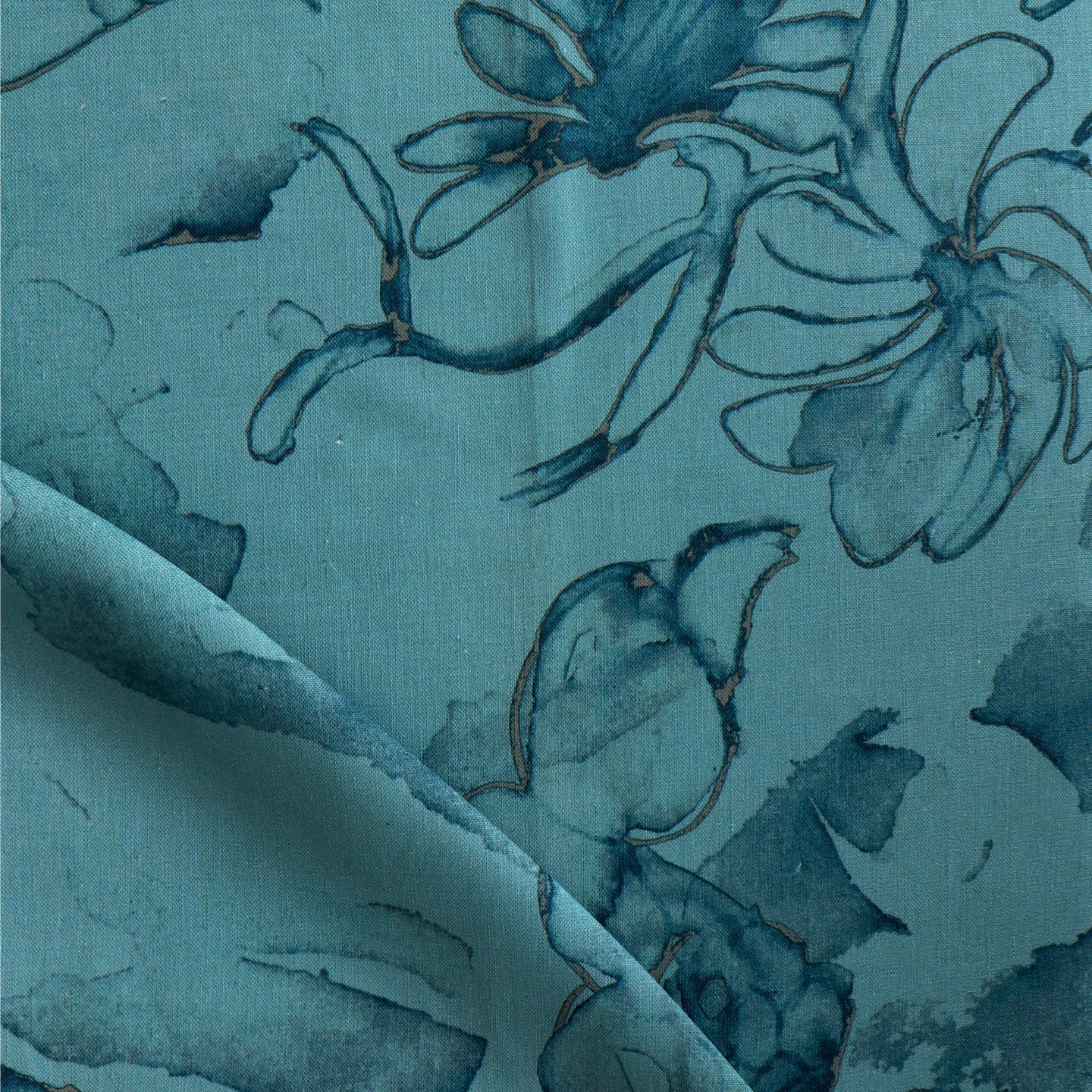 A close up of a teal fabric with flowers