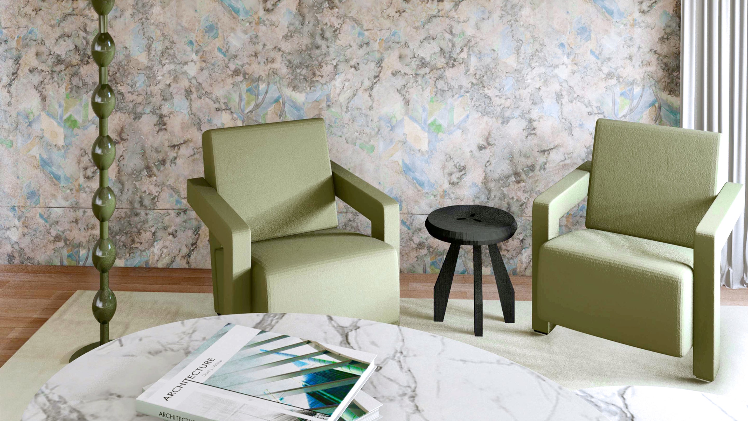 A living room with green chairs and a marble table
