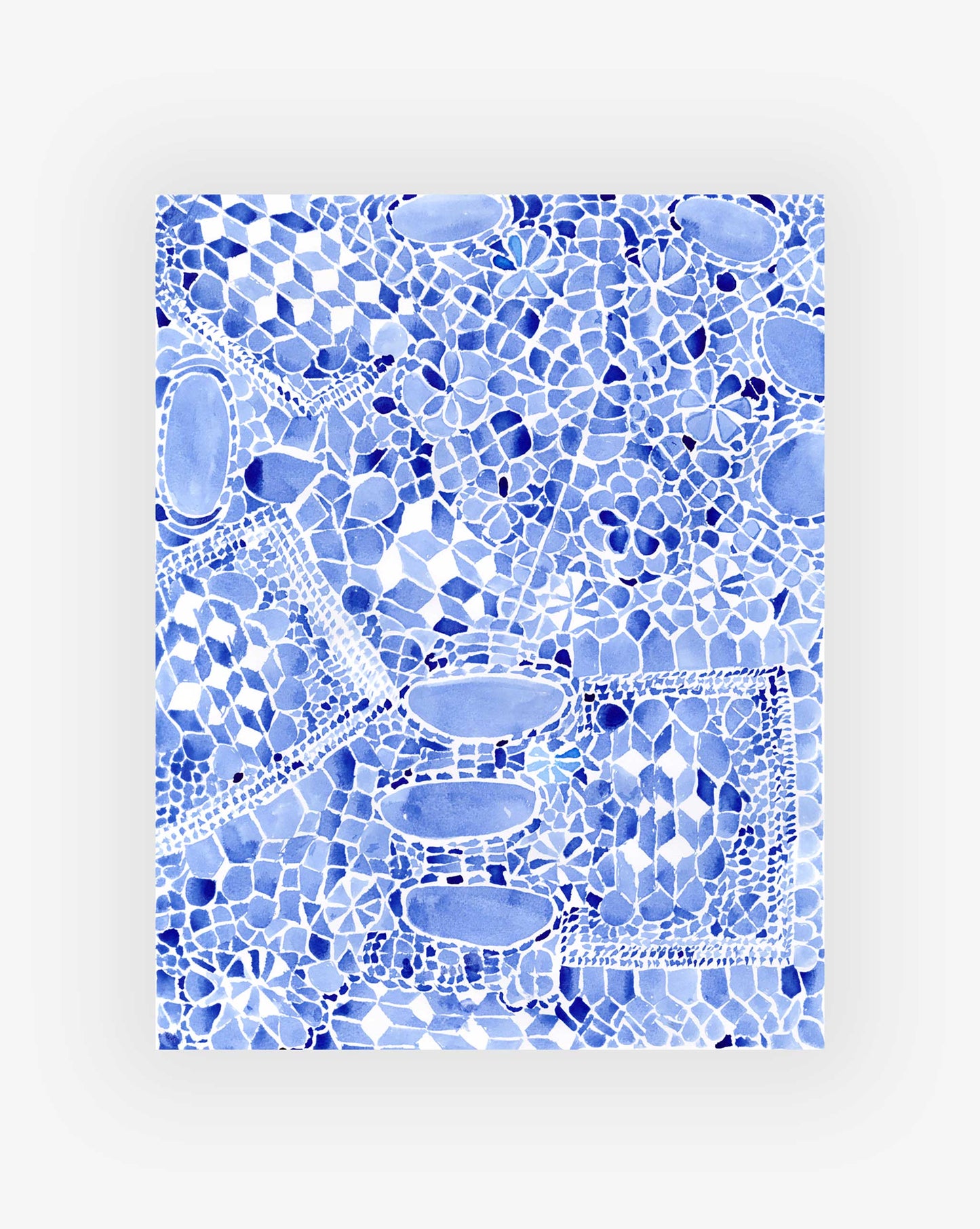 Blue mosaic pattern on a white background