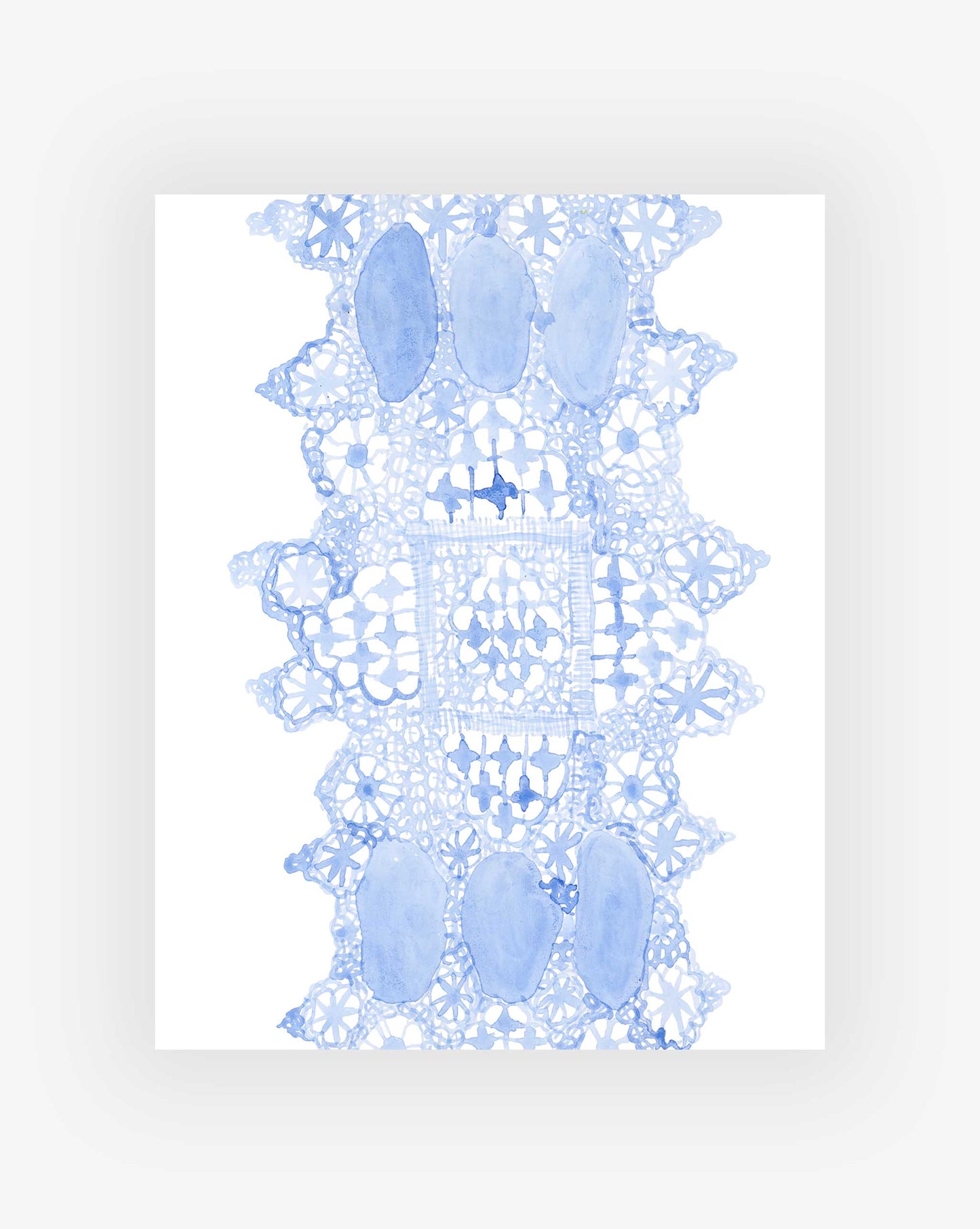 Lace Print|| features a watercolor illustration of a rectangular blue lace doily with detailed floral patterns and five oval shapes, inspired by original Eskayel and Shanan Campanaro artworks.