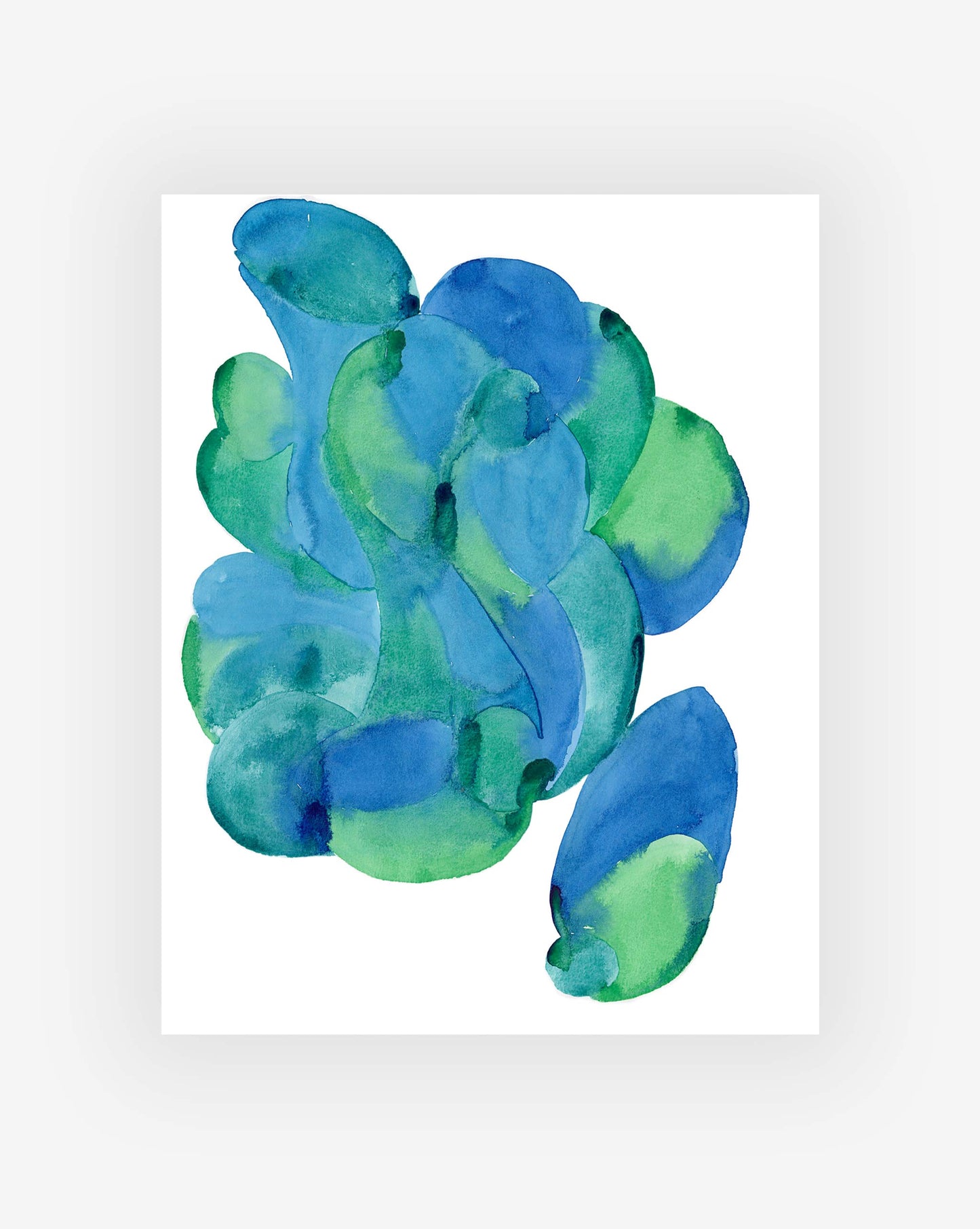 Our Orbs One Print is a watercolor painting by Eskayel founder Shanan Campanaro which depicts the interlocking of shapes and forms in a blue and green.