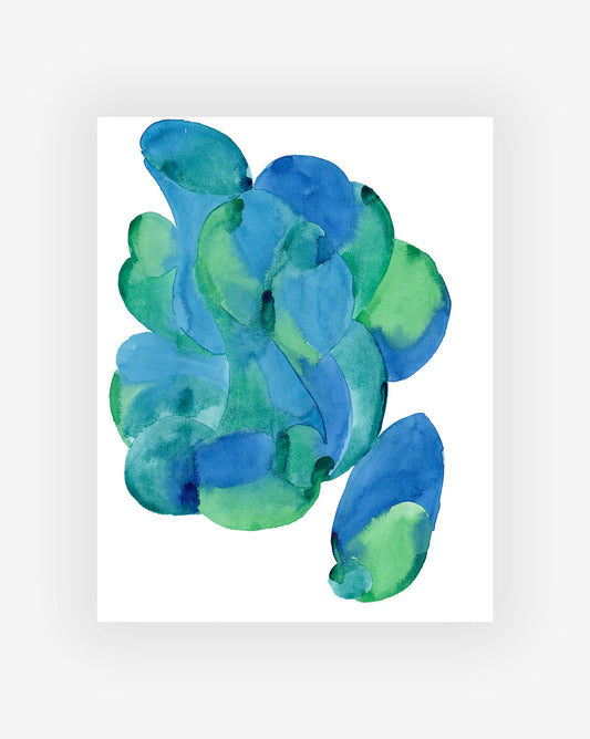 Our Orbs One Print is a watercolor painting by Eskayel founder Shanan Campanaro which depicts the interlocking of shapes and forms in a blue and green.