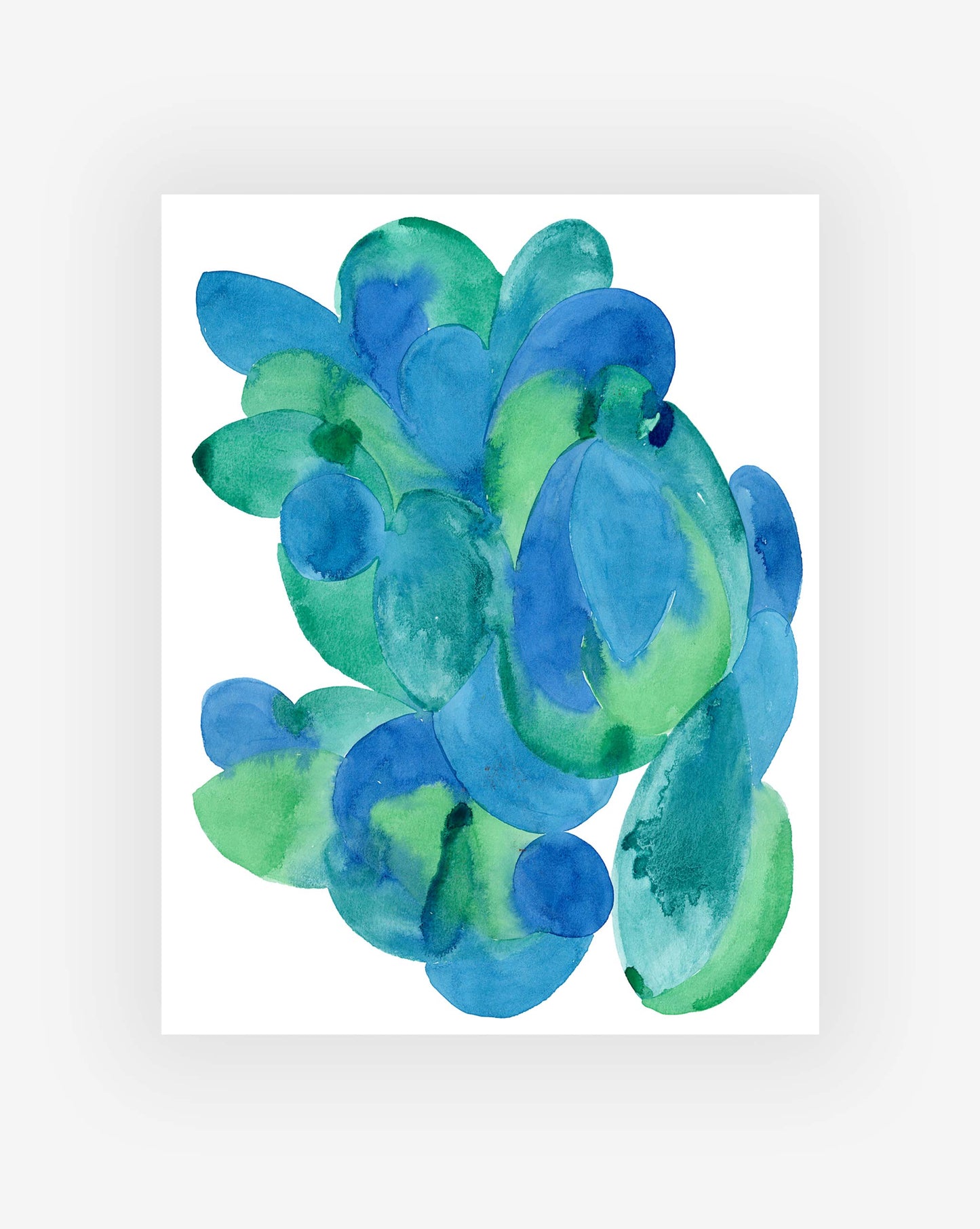 Our Orbs Two Print is a watercolor painting by Eskayel founder Shanan Campanaro which depicts the interlocking of round and oval shape in a blue and green.