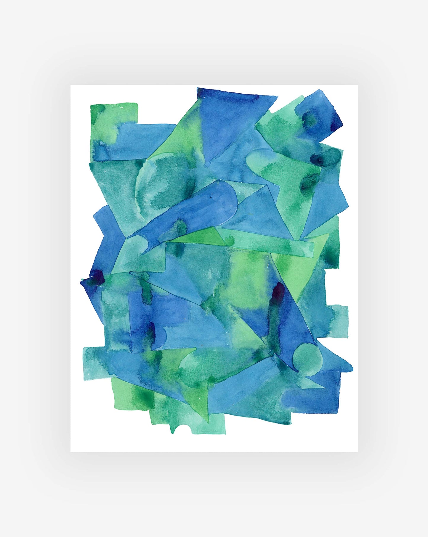 Our Pieces One Print is a watercolor painting by Eskayel founder Shanan Campanaro which depicts the interlocking of blue and green shapes and forms.