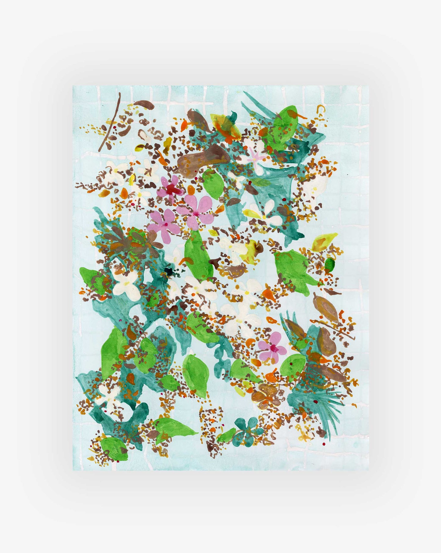 Colorful botanical design with leaves and flowers on a light blue and white grid background.