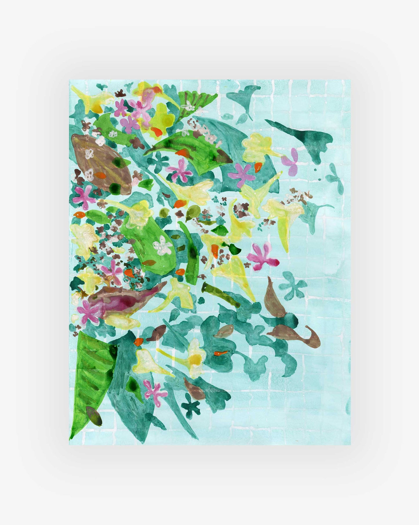 A vibrant botanical design with leaves and flowers on a grid background of light blue and white.