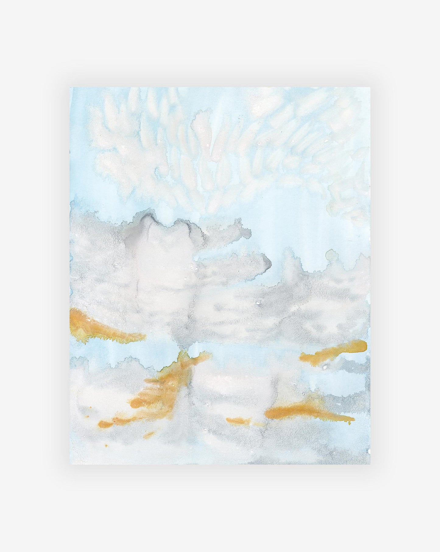 Sky 4:30pm Print: An abstract watercolor painting with hints of blue, gray, and yellow, resembling a cloudy sky with scattered yellowish patches. This original artwork is by the renowned artist Shanan Campanaro.