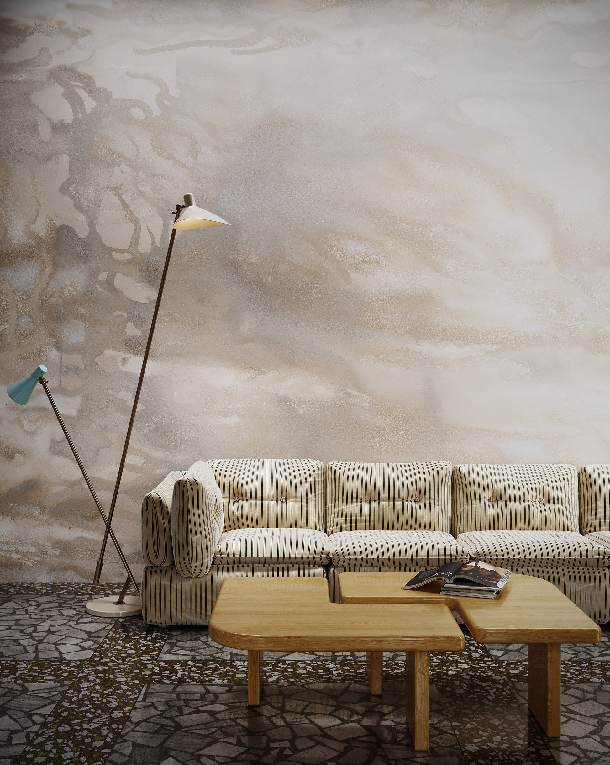 Eskayel's Delta Camel Mural wallpaper in a beige hued pattern installed in a living room.