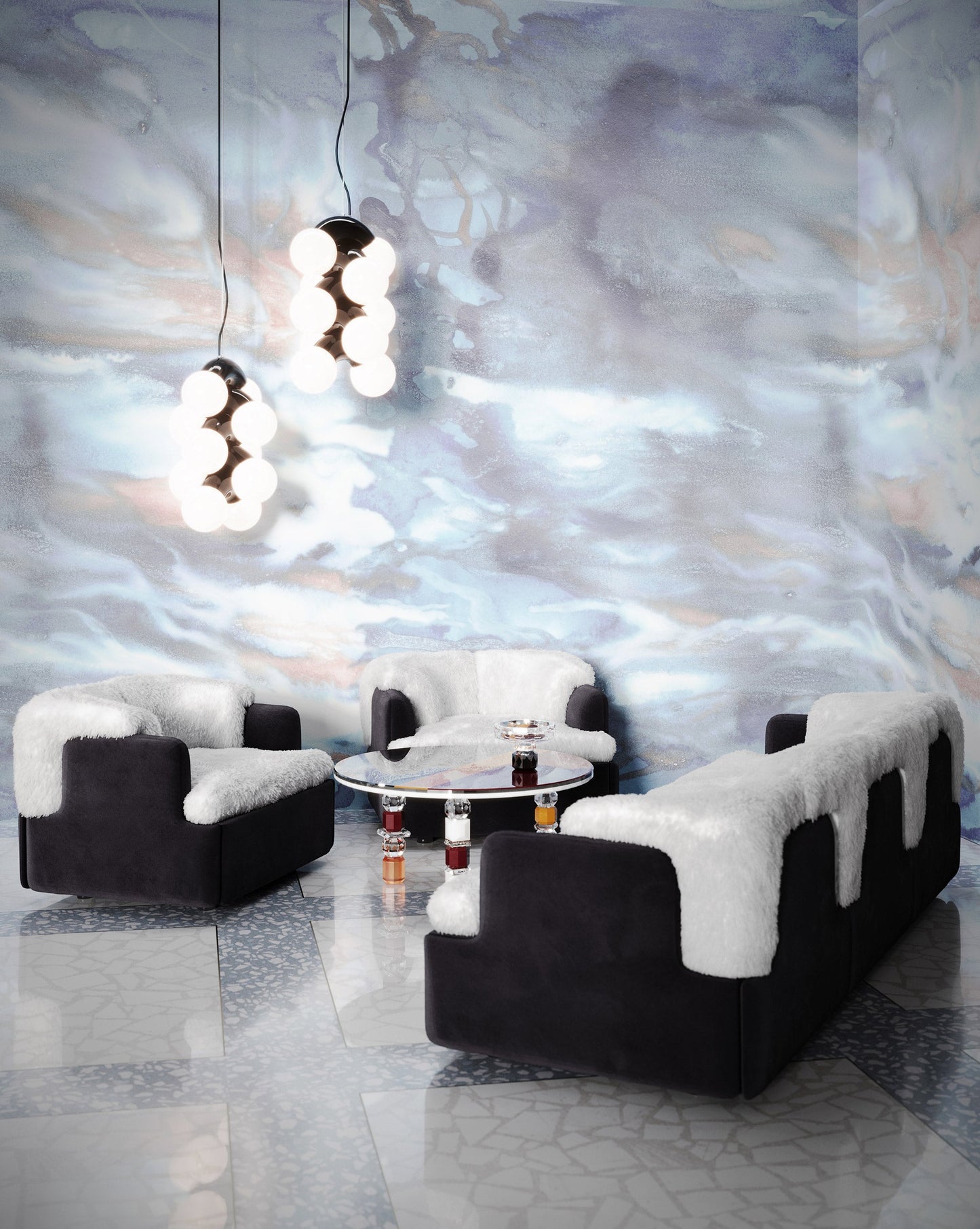 Eskayel's Delta Moonlight Mural wallpaper in a blue, navy, and beige pattern installed in a sitting room.