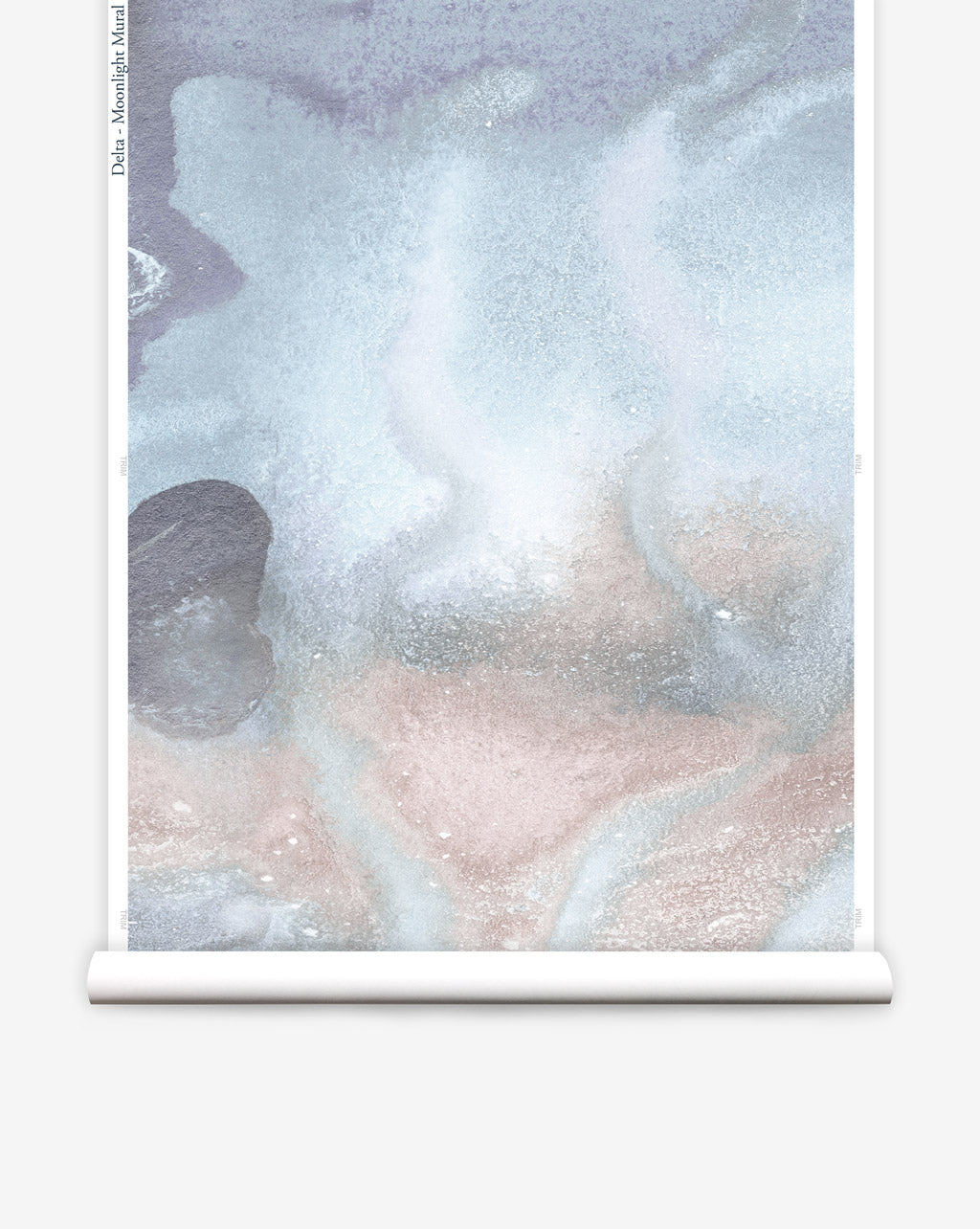 Eskayel’s Delta design in Moonlight is a mural wallpaper in blue, navy, and beige.