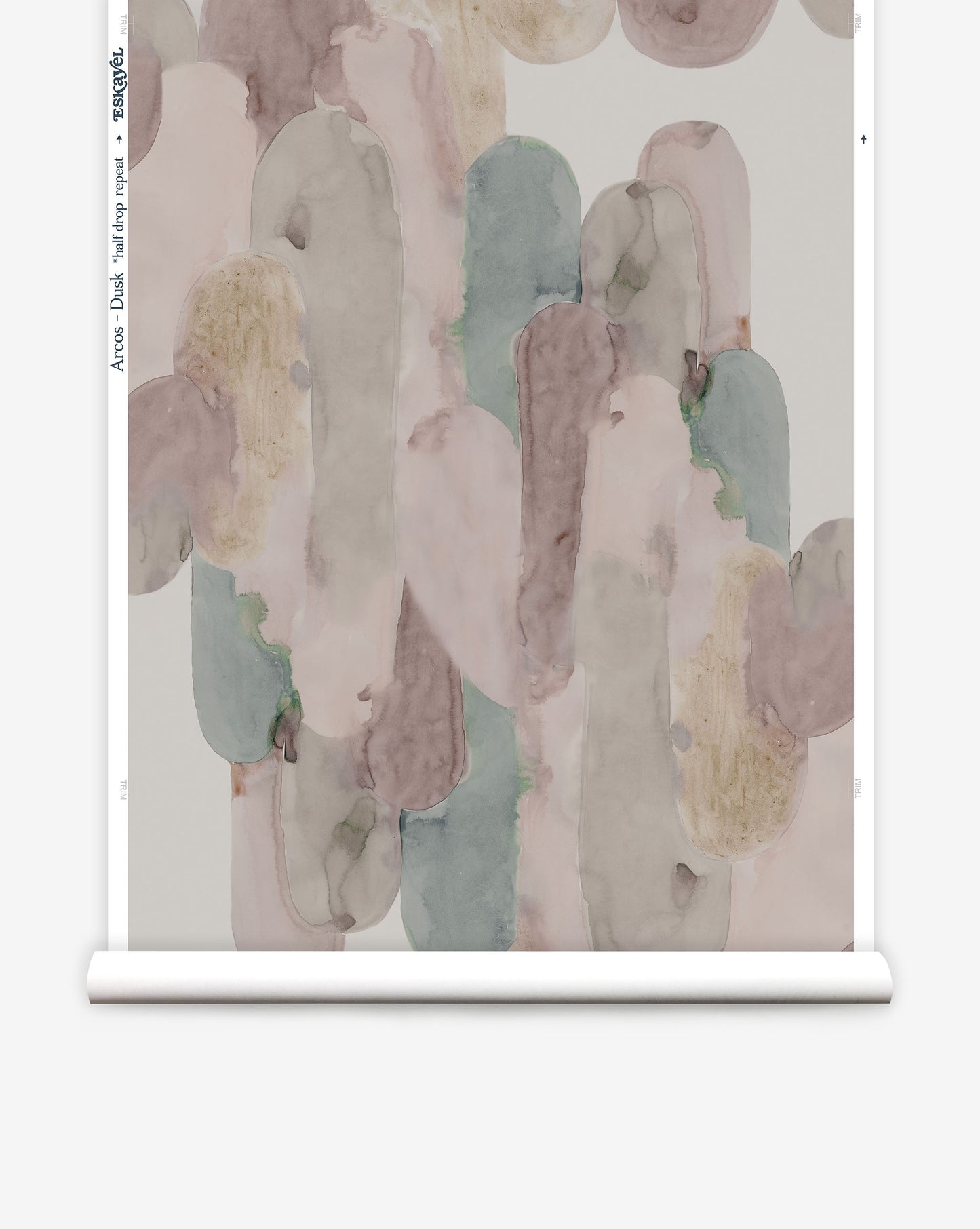 In Arcos custom wallpaper in Dusk, soft sage green and muted pinks create a geometric pattern of curves and columns
