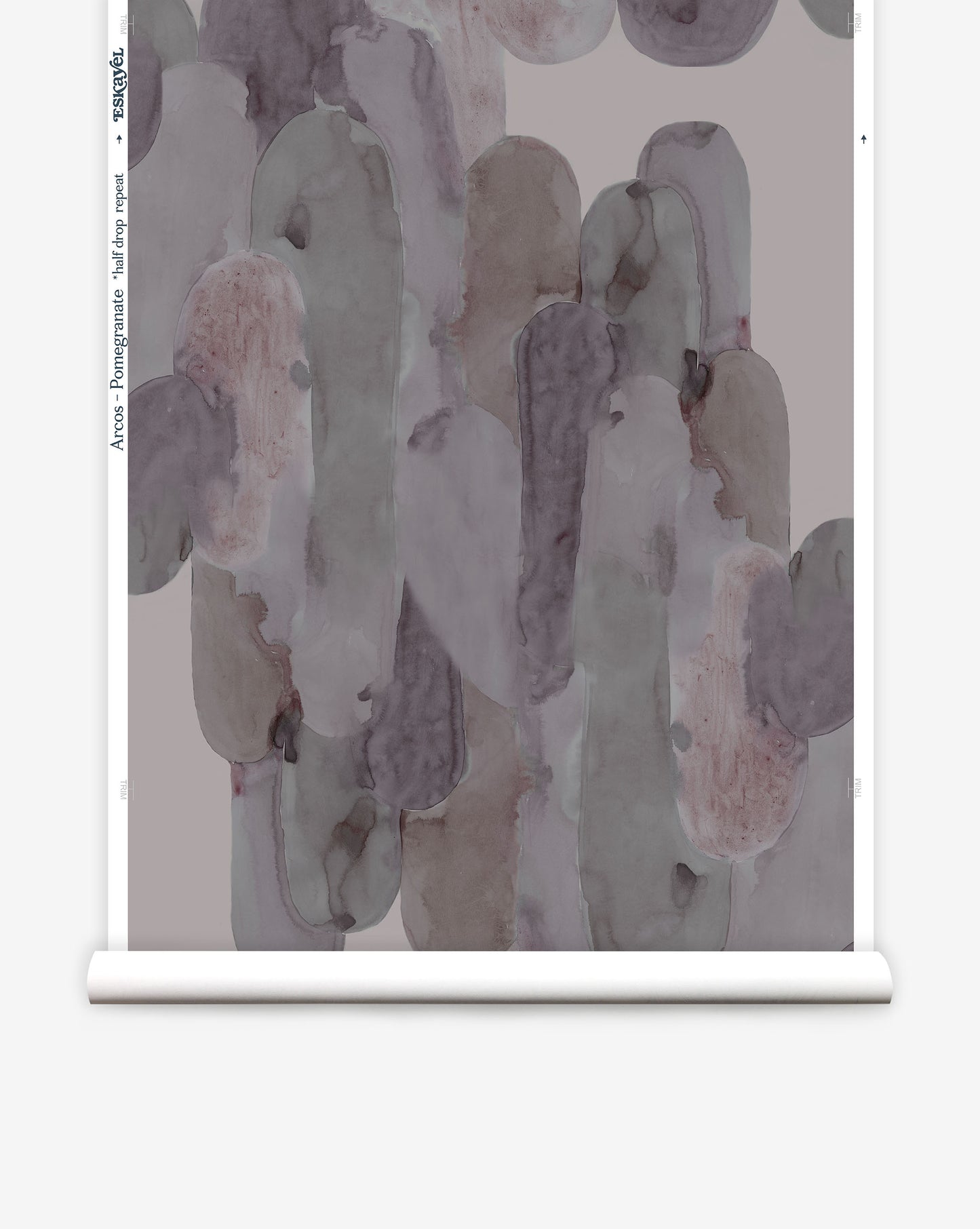 In Arcos custom wallpaper in Pomegranate, soft magentas and greys create a geometric pattern of curves and columns