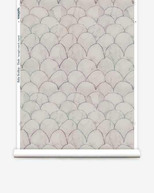 In Baby Scallops custom wallpaper in Dusk, neutrals meet hints of subtle color in a pattern of overlapping curves