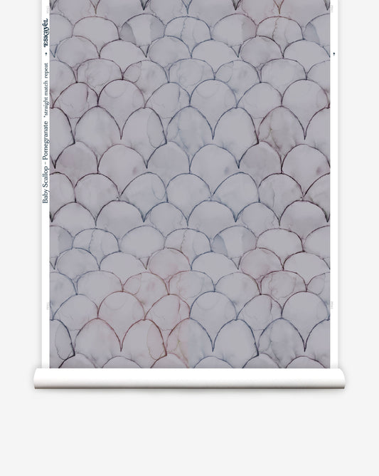 In Baby Scallops custom wallpaper in Pomegranate, tones ranging from mauve to blue create a pattern of overlapping curves