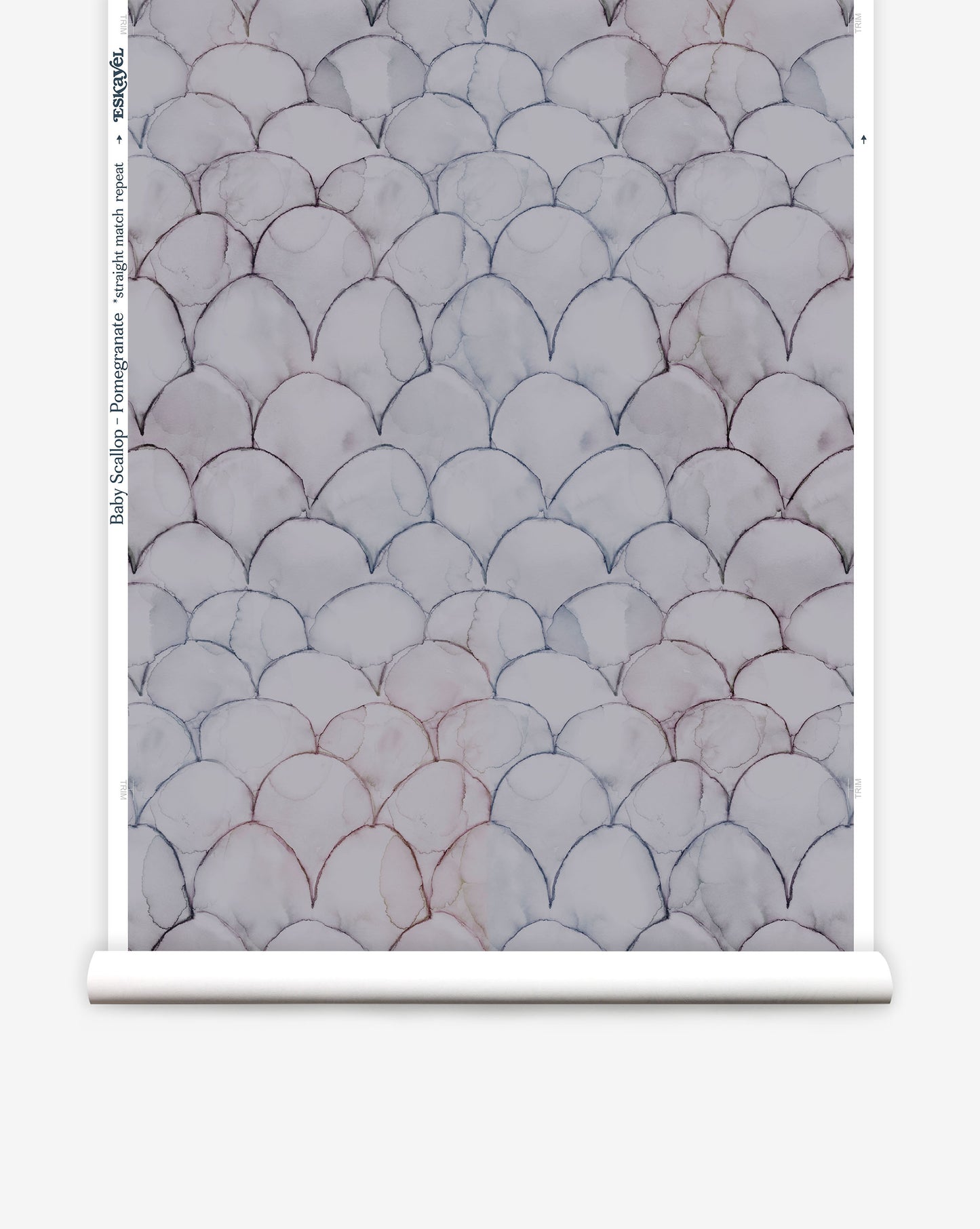 In Baby Scallops custom wallpaper in Pomegranate, tones ranging from mauve to blue create a pattern of overlapping curves