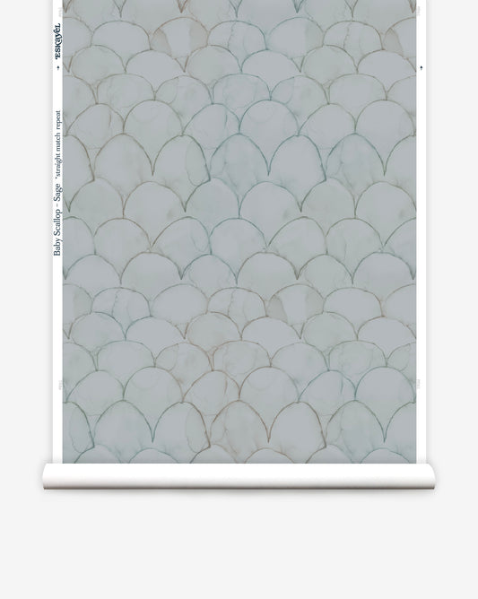 In Baby Scallops custom wallpaper in Sage, watery teal tones create a pattern of overlapping curves