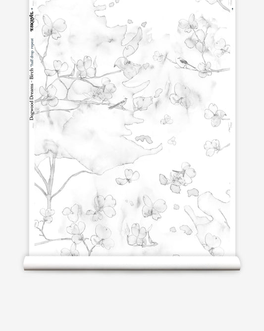 Inspired by the nature of the East Coast, Dogwood Dreams wallpaper in Birch includes grey on white