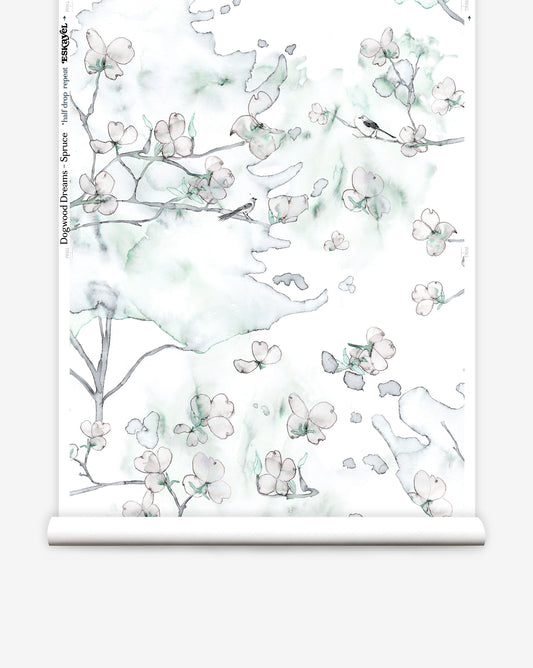 Inspired by nature in spring, Dogwood Dreams wallpaper in Spruce supplies greens, blues, and pinks