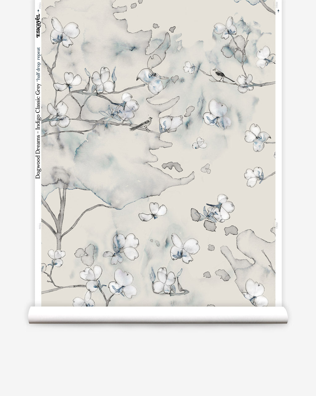 Inspired by East Coast nature in spring, Dogwood Dreams wallpaper in Indigo Classic Grey provides a pattern in beige and blue.