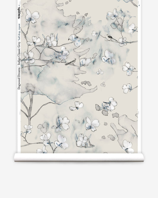 Inspired by East Coast nature in spring, Dogwood Dreams wallpaper in Indigo Classic Grey provides a pattern in beige and blue.