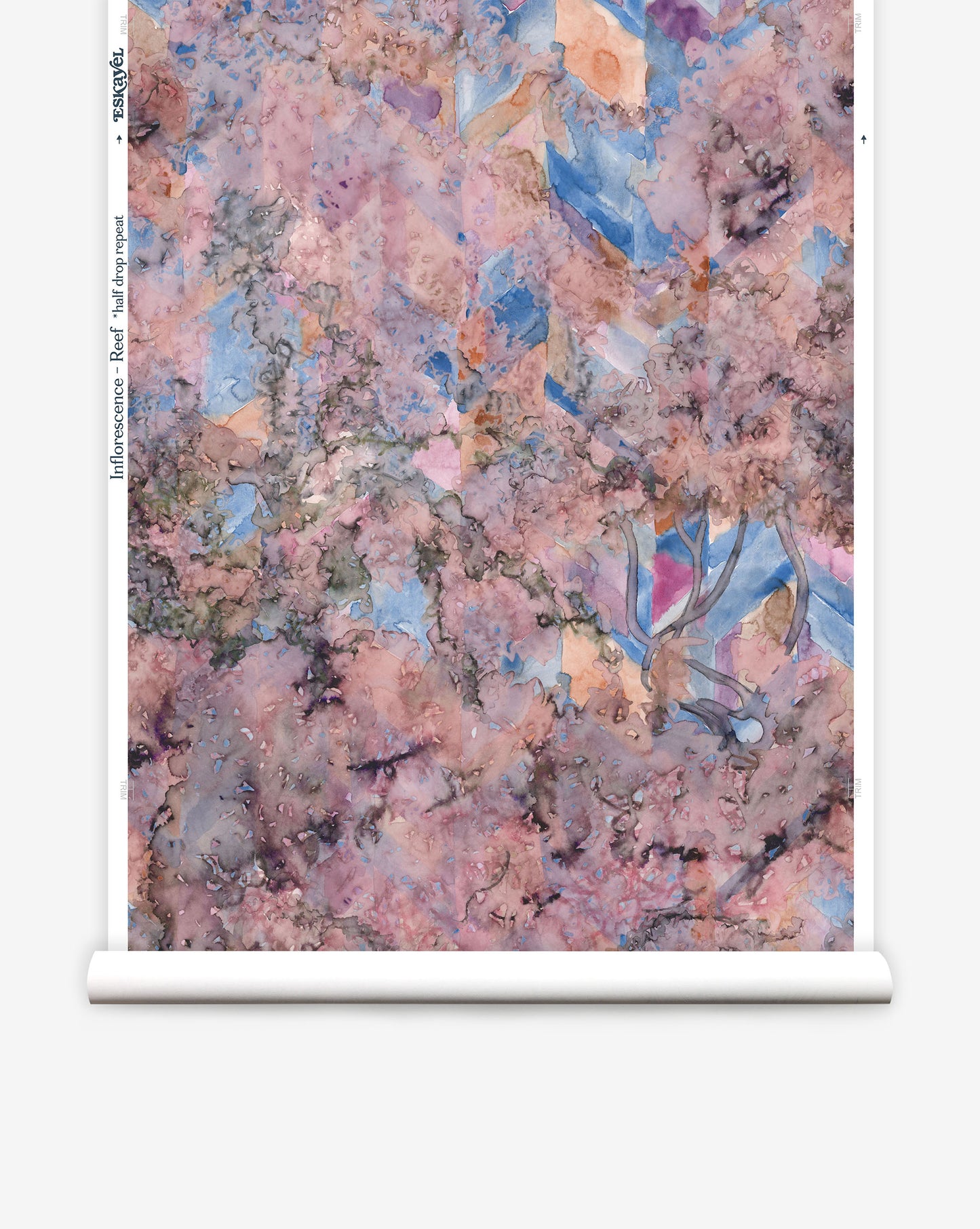 Featuring a floral study on chevrons, Inflorescence wallpaper in the Reef colorway features dynamic shades of blue, coral and pink