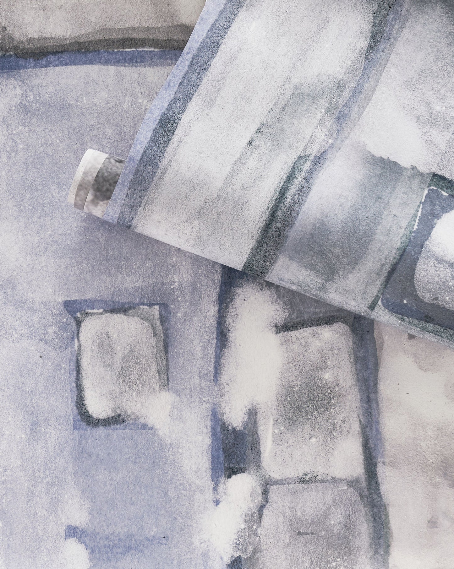 A luxury piece of Neighbors Wallpaper Indigo with an urban landscapes watercolor painting on it