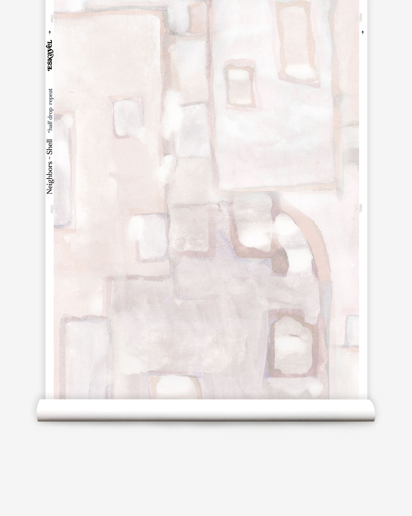 As a luxury wallpaper in the Shell colorway, our abstract geometric Neighbors pattern offers pink hues