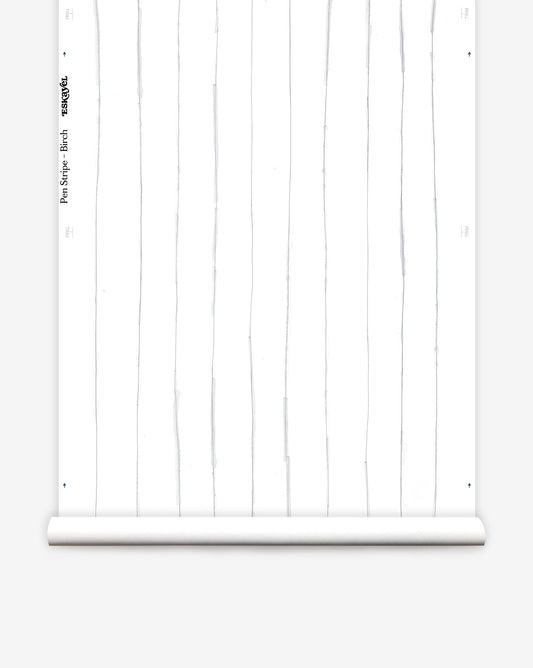 Pen Stripe is our inky ode to classic pinstripes Made-to-luxury wallpaper in Birch offers grey on white