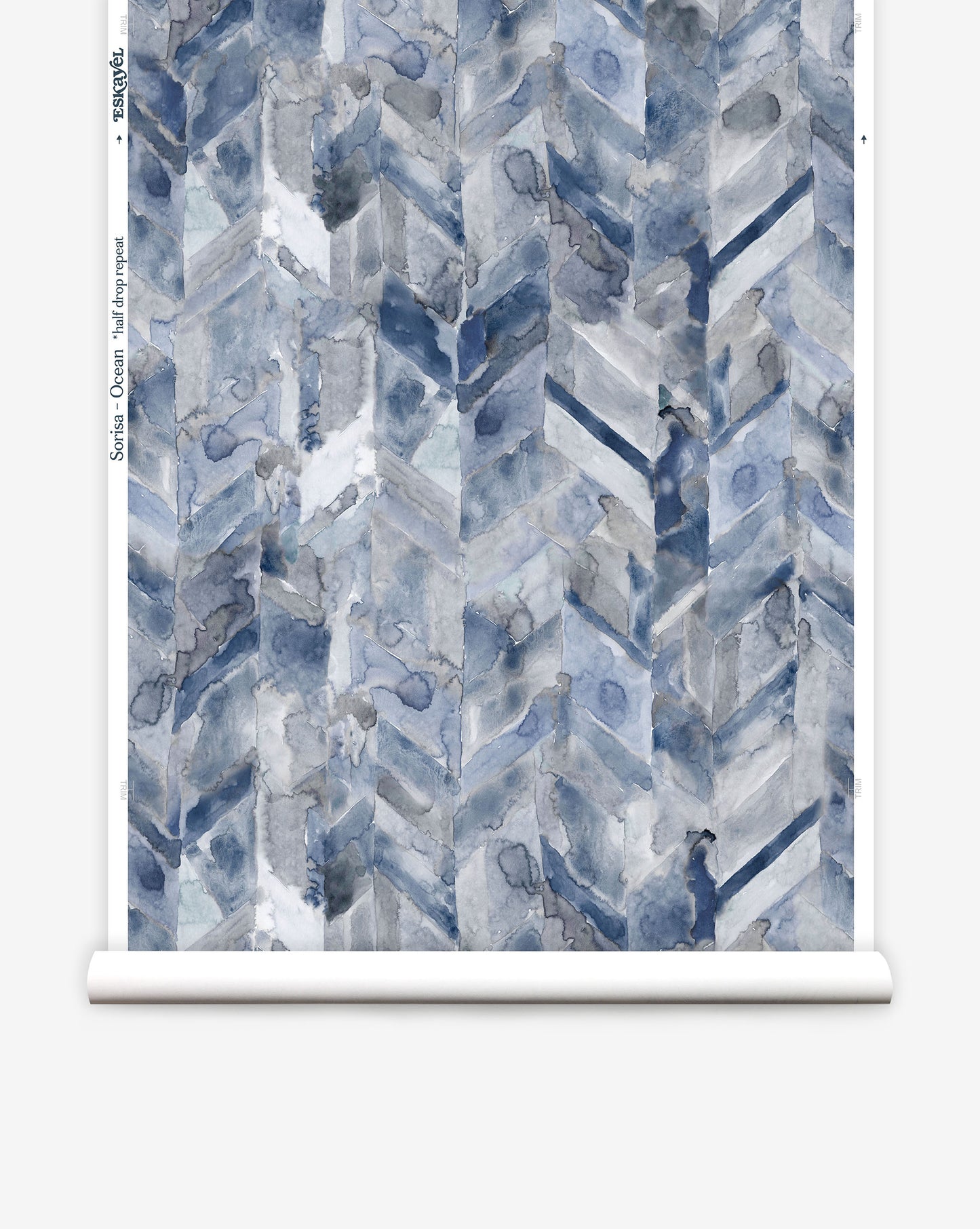 Luxurious custom Sorisa wallpaper is a chevron pattern The Ocean colorway offers a rich spectrum of blue shades