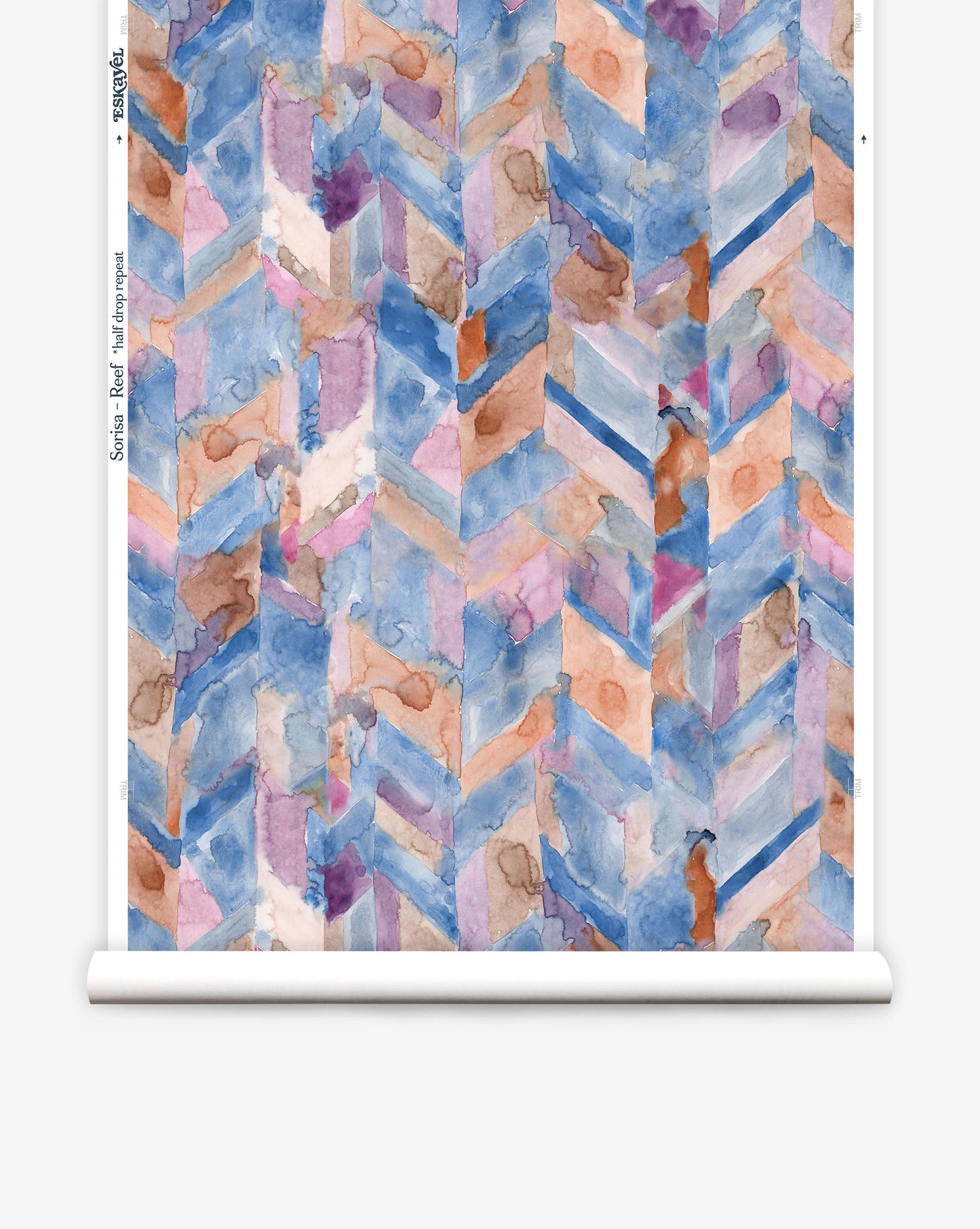 Luxurious custom Sorisa wallpaper is a chevron pattern The Reef colorway is mainly blue with earth tones and purple highlights