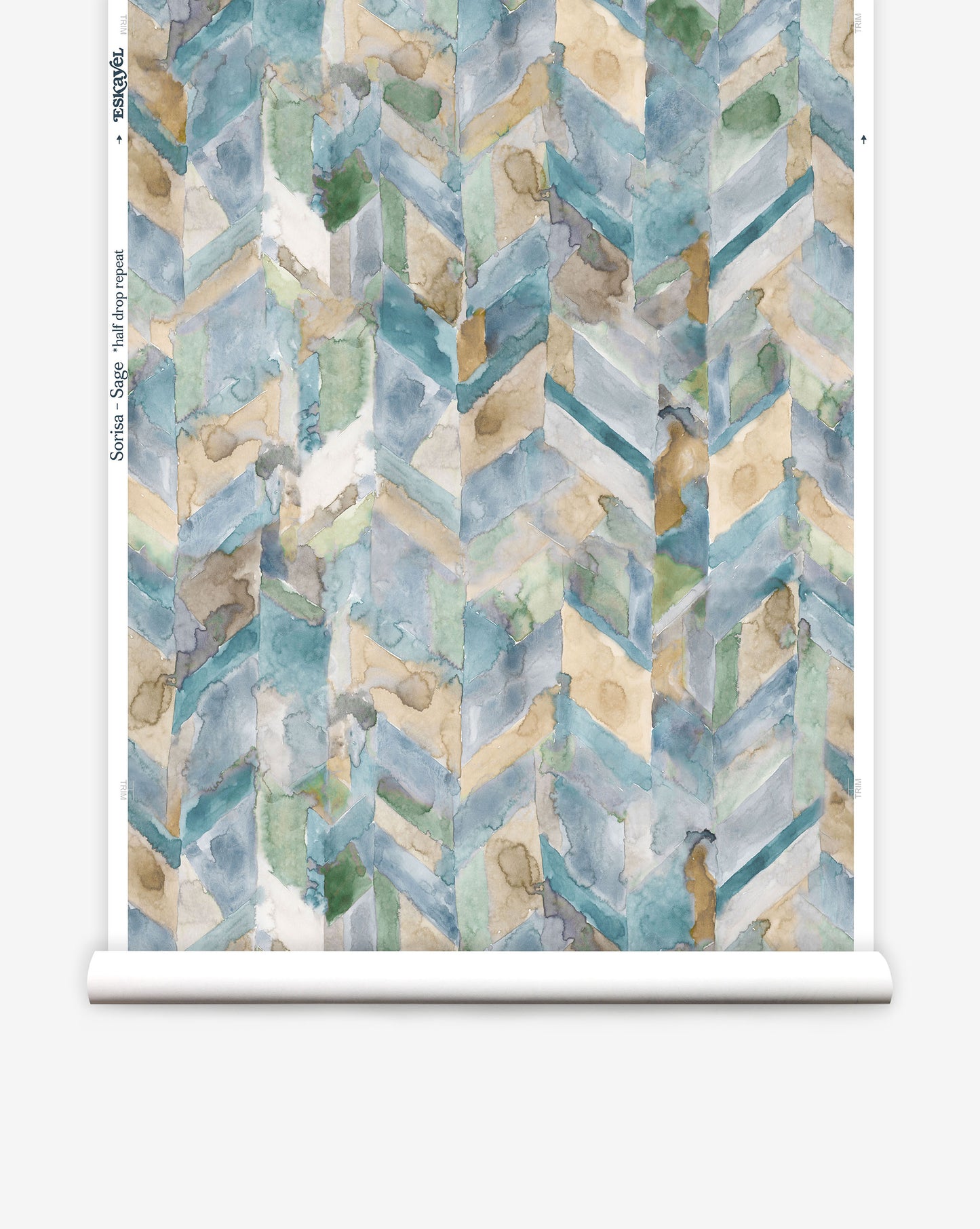 Luxurious custom Sorisa wallpaper is a chevron pattern In Sage, this comes in a spectrum of blue and green shades