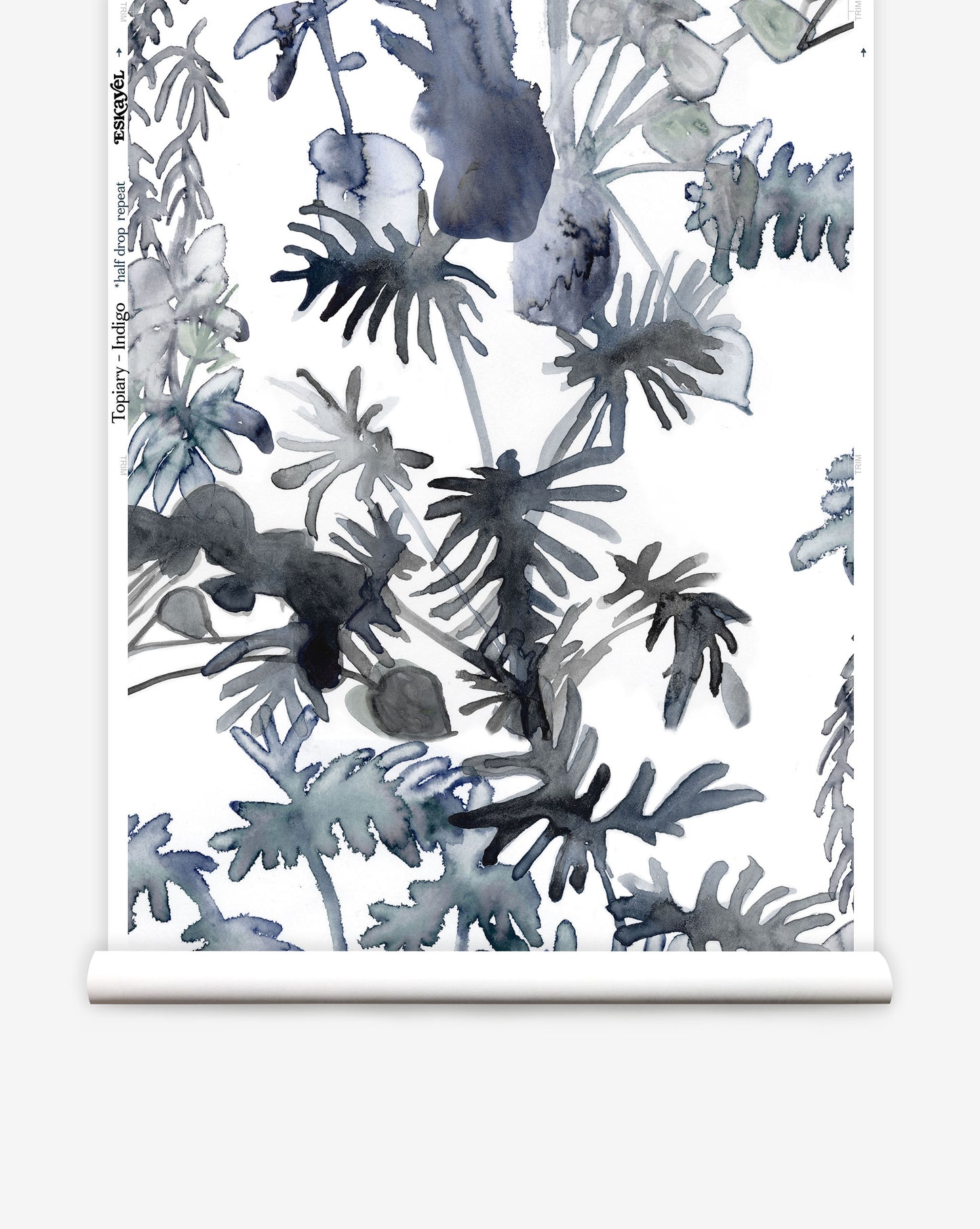 Topiary custom wallpaper the Indigo colorway incorporates a palette of blues shades