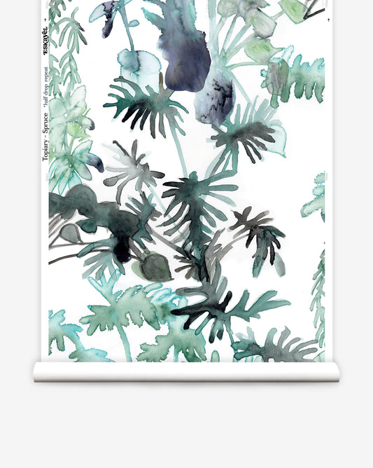 As custom wallpaper, Topiary in Spruce displays silhouettes of houseplants in turquoise, blue, and green