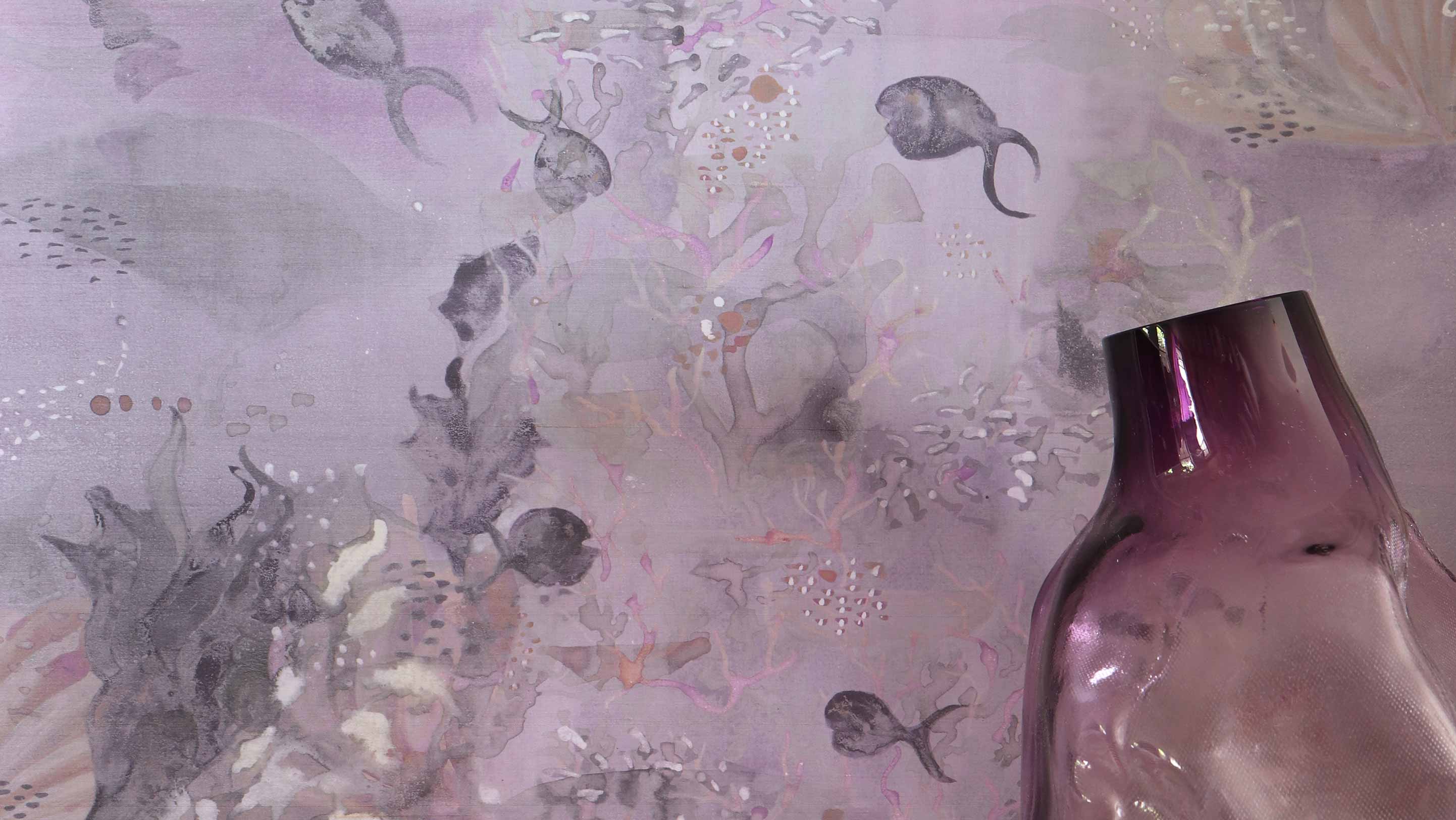 Atoll Cay wallpaper with its purple hue includes fish, coral, and shells.