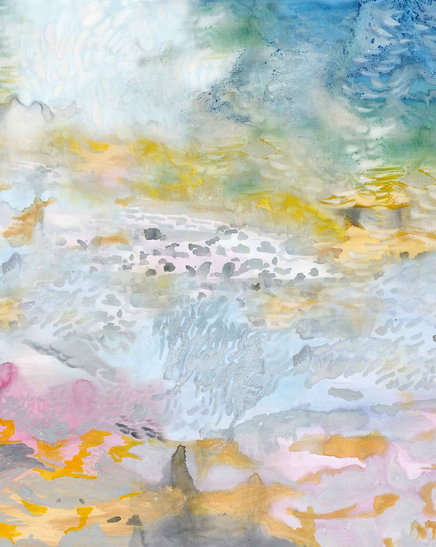 Eskayel’s Empyrean Dawn Full Mural wallpaper layout printed on paper backed silk features a warm multicolored palette.