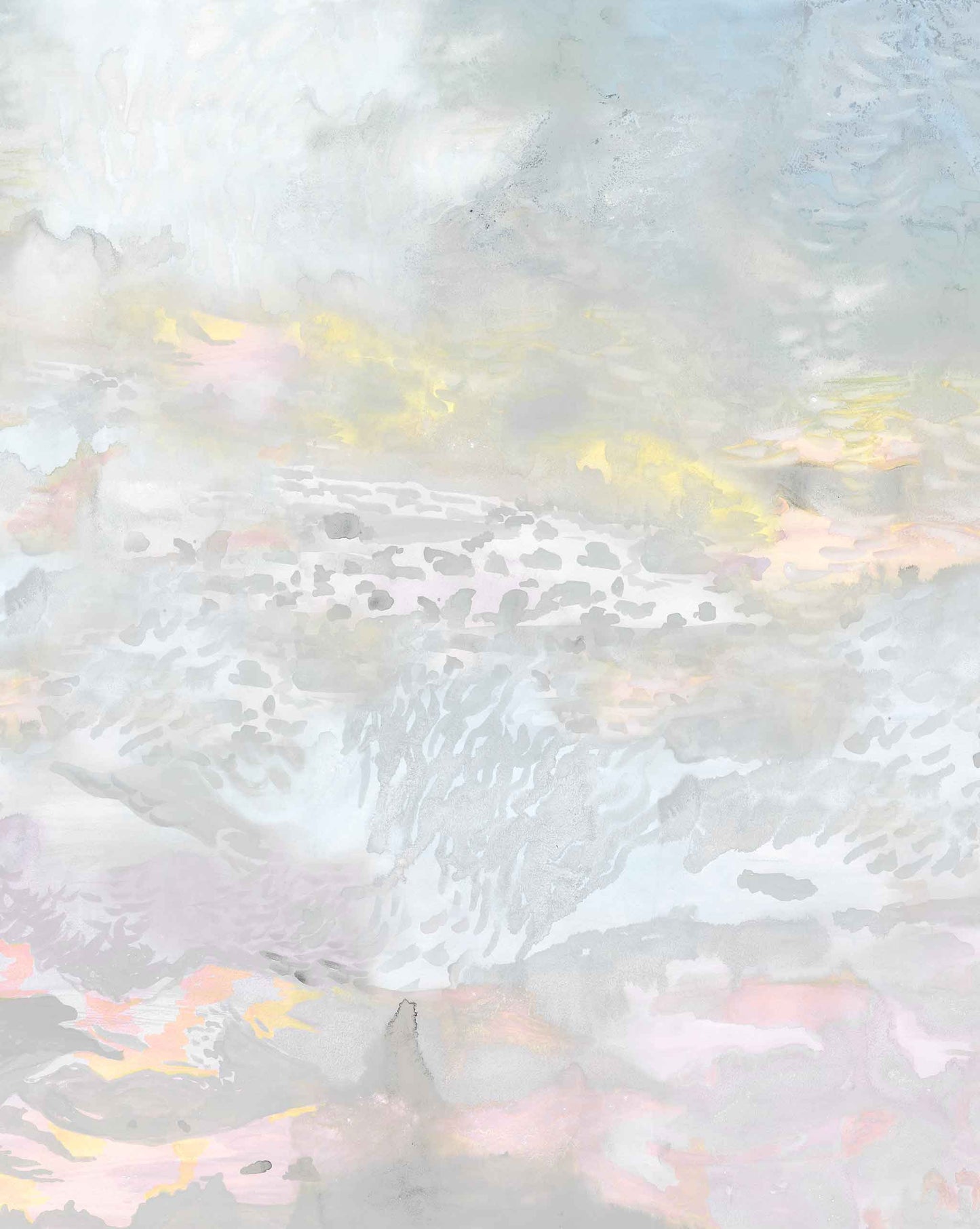 Eskayel’s Empyrean Dusk Full Mural wallpaper layout printed on paper backed silk features a cool multicolored palette with hints of warm colors.