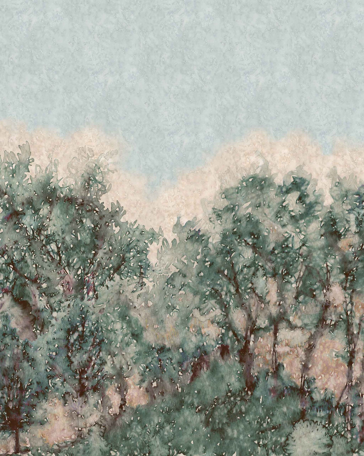 Prospect mural wallpaper in Verde is a luxurious classic clay-coated paper featuring greens and light blue.