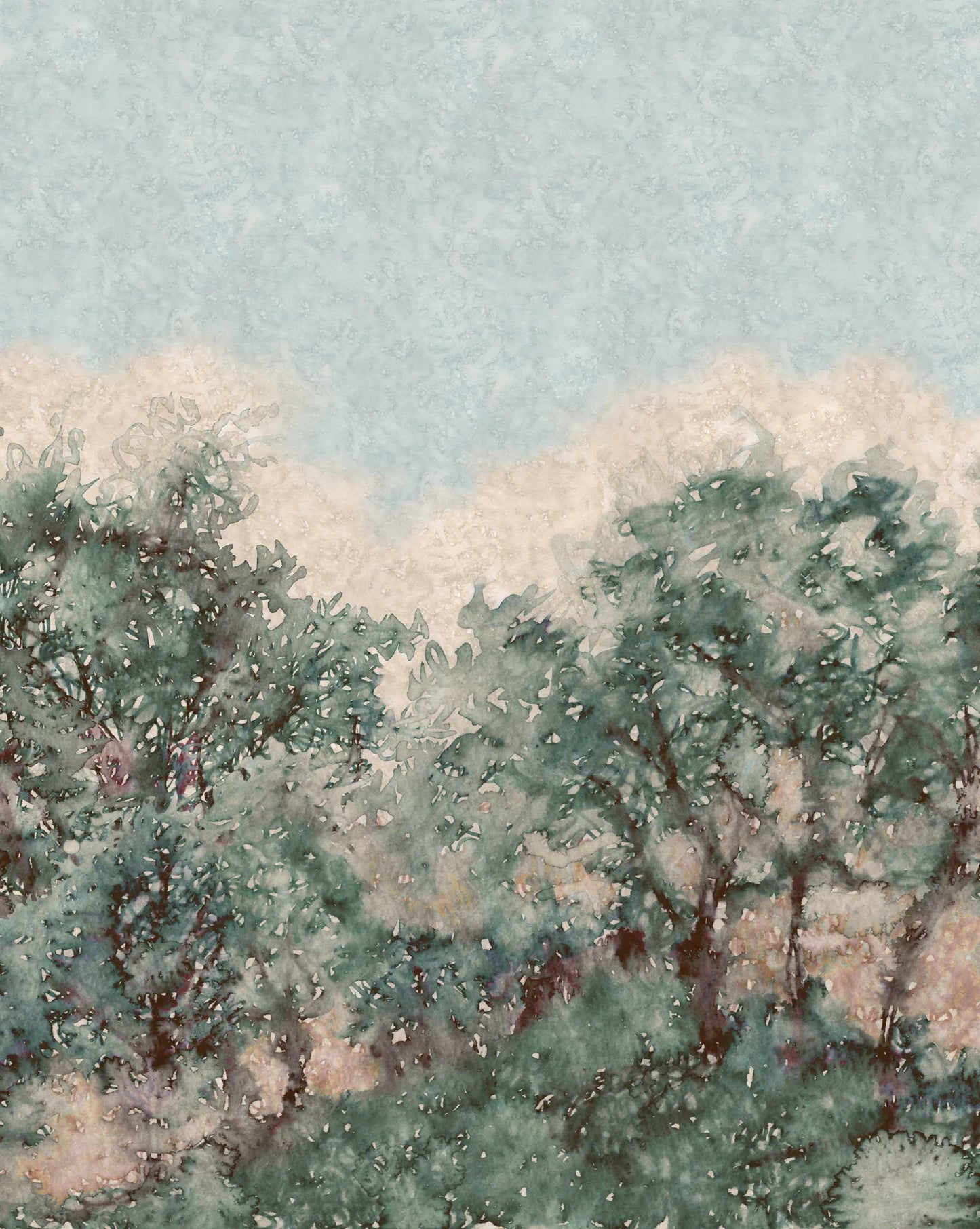 Prospect in Verde is a luxurious 100% silk wallpaper backed with paper featuring greens and light blue.