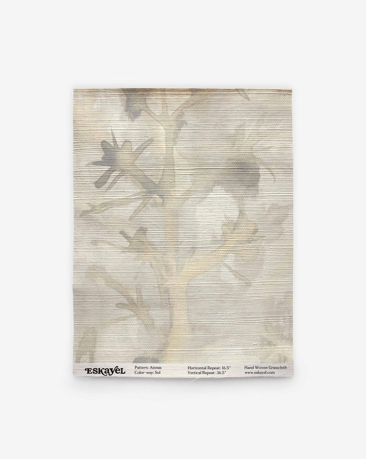 Aionas Grasscloth Sample in Sol, a rectangular grasscloth wallpaper sample featuring a muted, abstract floral pattern in gold and grey with an order sample label printed at the bottom.