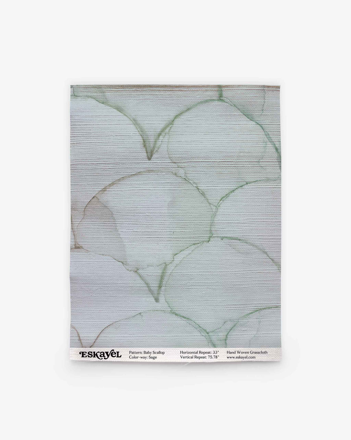 Baby Scallop Grasscloth||Sage features a light green scallop pattern on white, with details below listing pattern, repeats, color, and brand.