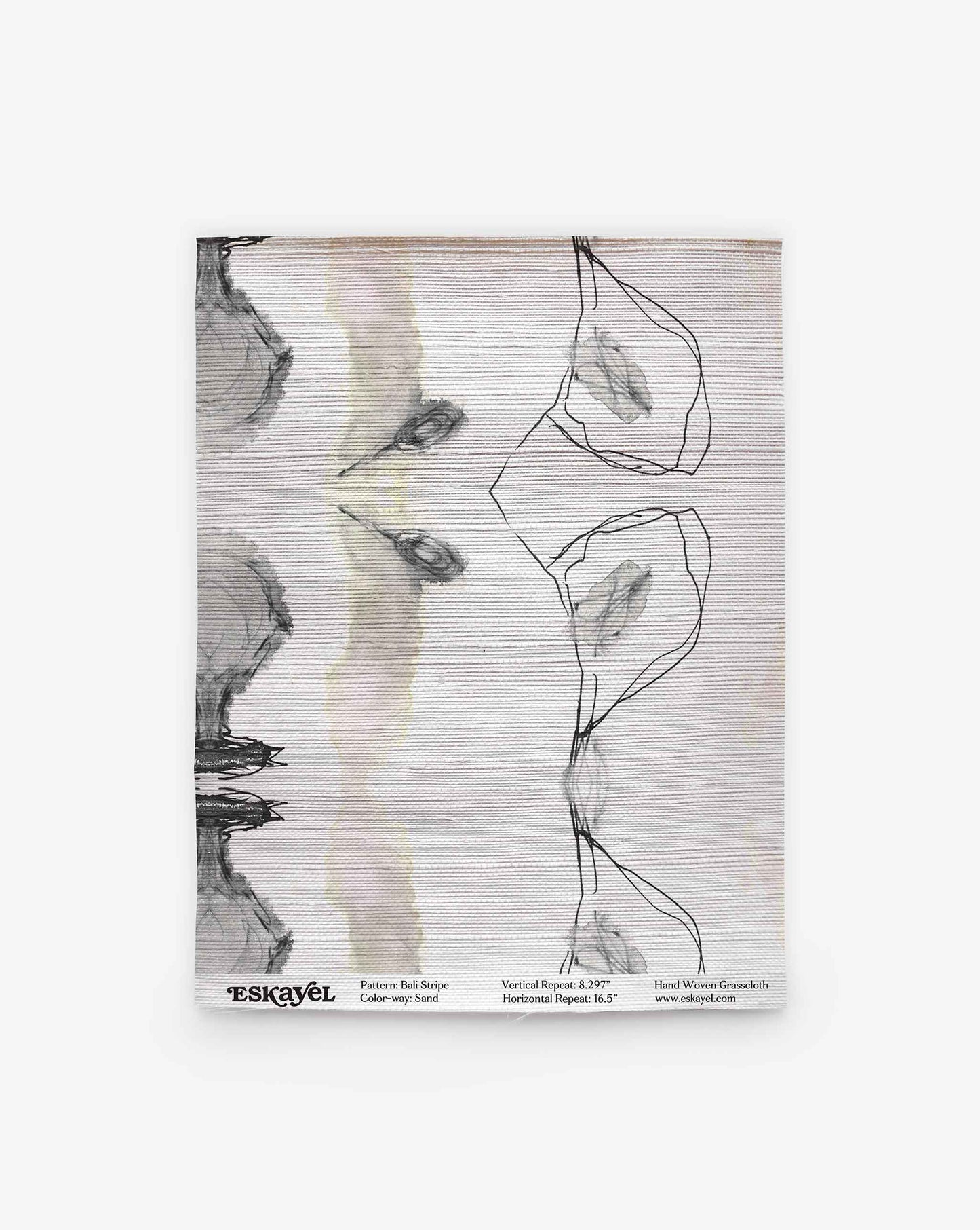 A handwoven Bali Stripe Grasscloth||Sand rug showcases an abstract design with black line and gray watercolor patterns on a light background, accented by subtle brown and tan tones, evoking the ambiance of Bali; shown flat with product details printed at the bottom.