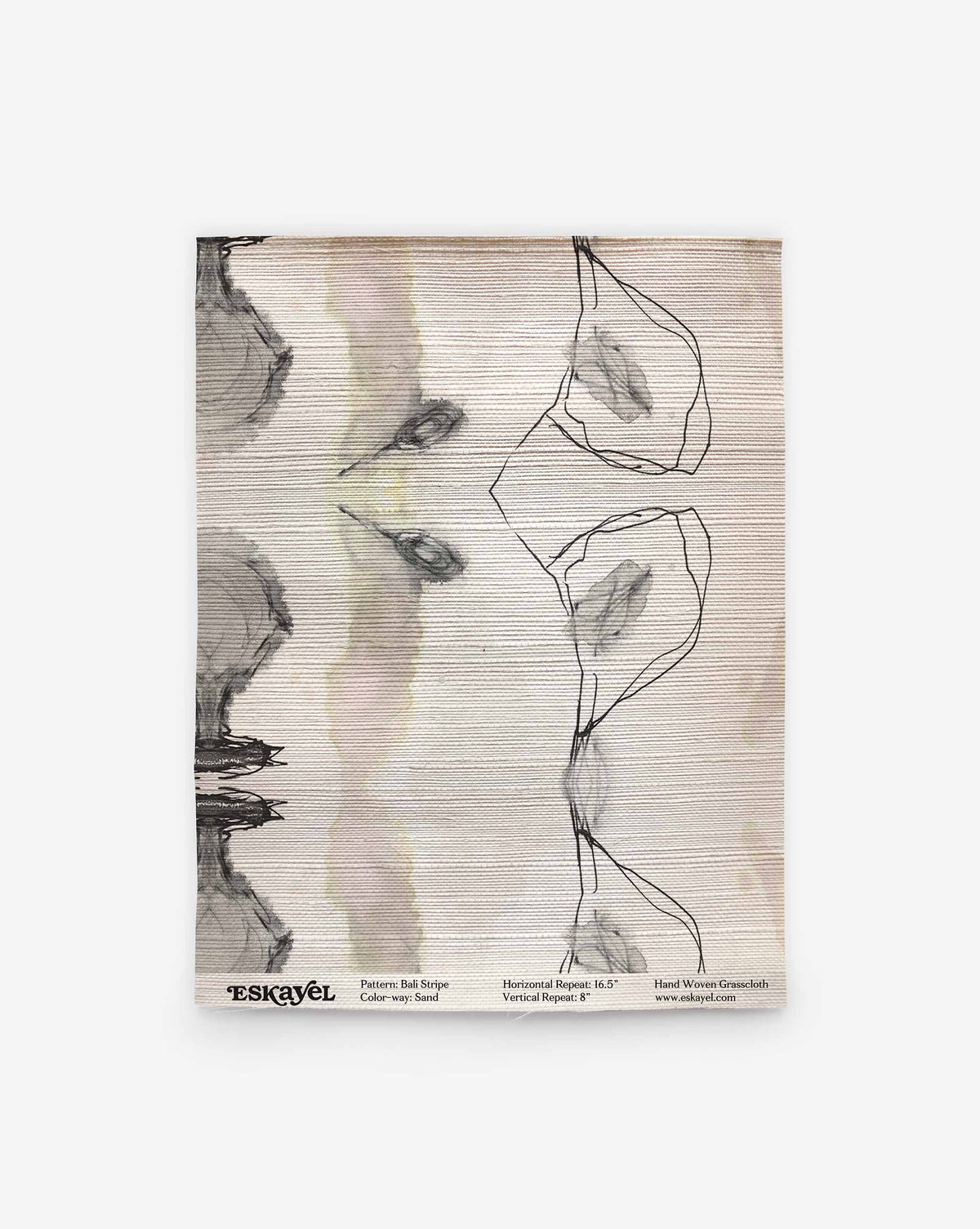 Bali Stripe Grasscloth in Sand, featuring a tan grasscloth texture with an abstract charcoal line pattern in brown and tan tones.