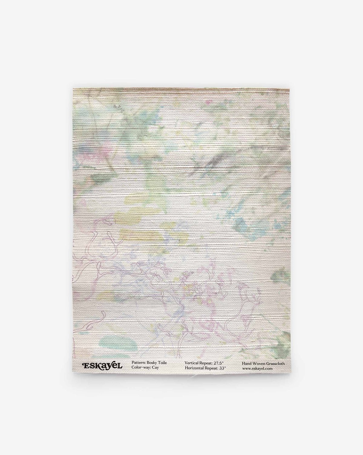 Order a sample of Bosky Toile Grasscloth Sample in Cay, a woven grasscloth wallpaper with a faint botanical line-drawing pattern and watercolor washes of blue, green, and pink.