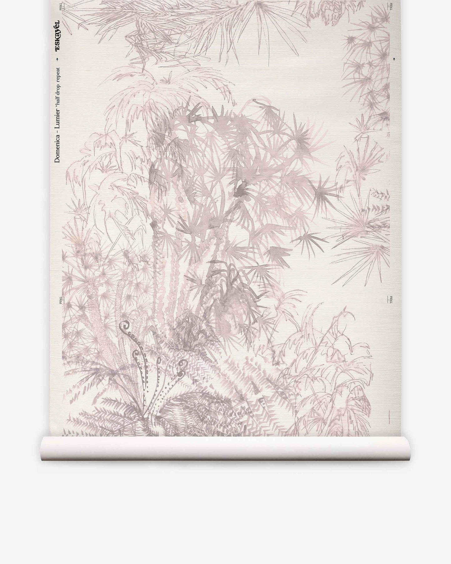 A roll of Domenica Grasscloth||Lumier wallpaper features a light beige background adorned with delicate, intricate botanical illustrations in pale purple hues. Inspired by the timeless Domenica pattern from the Salentu Collection, this design captures the elegant texture of grasscloth while introducing a fresh, modern botanical touch.