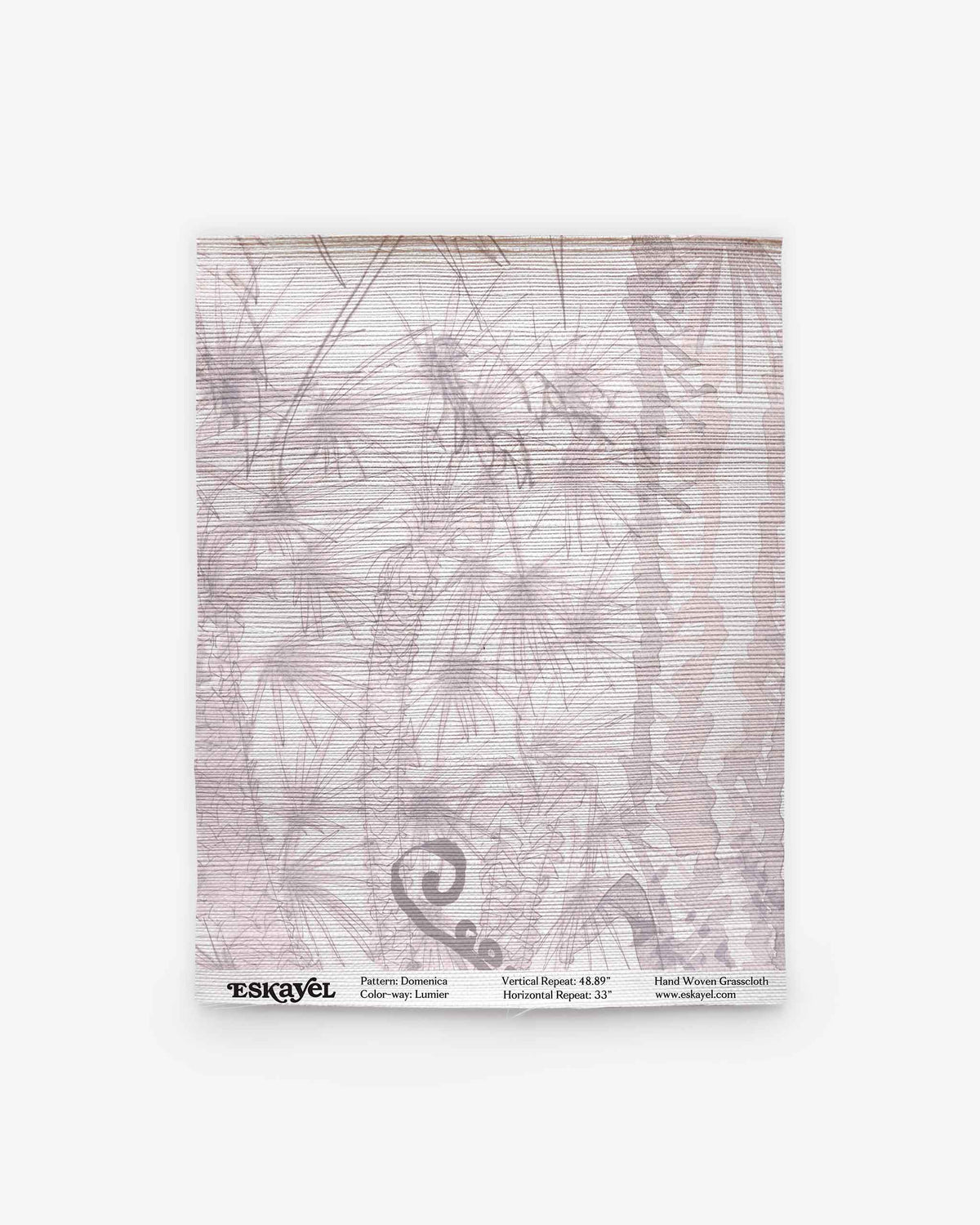 A square wallpaper sample with a muted, leafy pattern in light gray tones from the Salentu Collection. The sample features product details and the brand name “ESKAYEL” printed at the bottom, showcasing the elegant Domenica Grasscloth||Lumier pattern—perfect for grasscloth wallpaper enthusiasts.