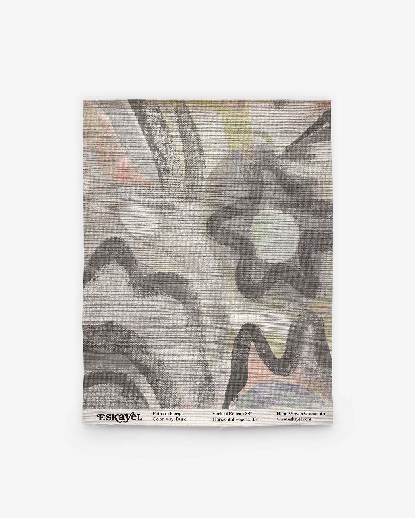 Square textile featuring abstract black, gray, and white patterns with arches and star motifs, reminiscent of Florianopolis-inspired design. “Floripa Grasscloth||Dusk” branding and product details are printed along the bottom edge.