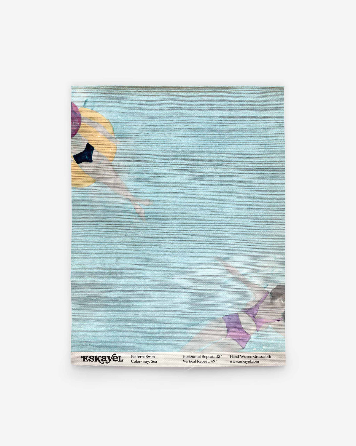 Swim Grasscloth||Sea light blue coastal wallpaper featuring a watercolor pattern of two swimmers floating in water.