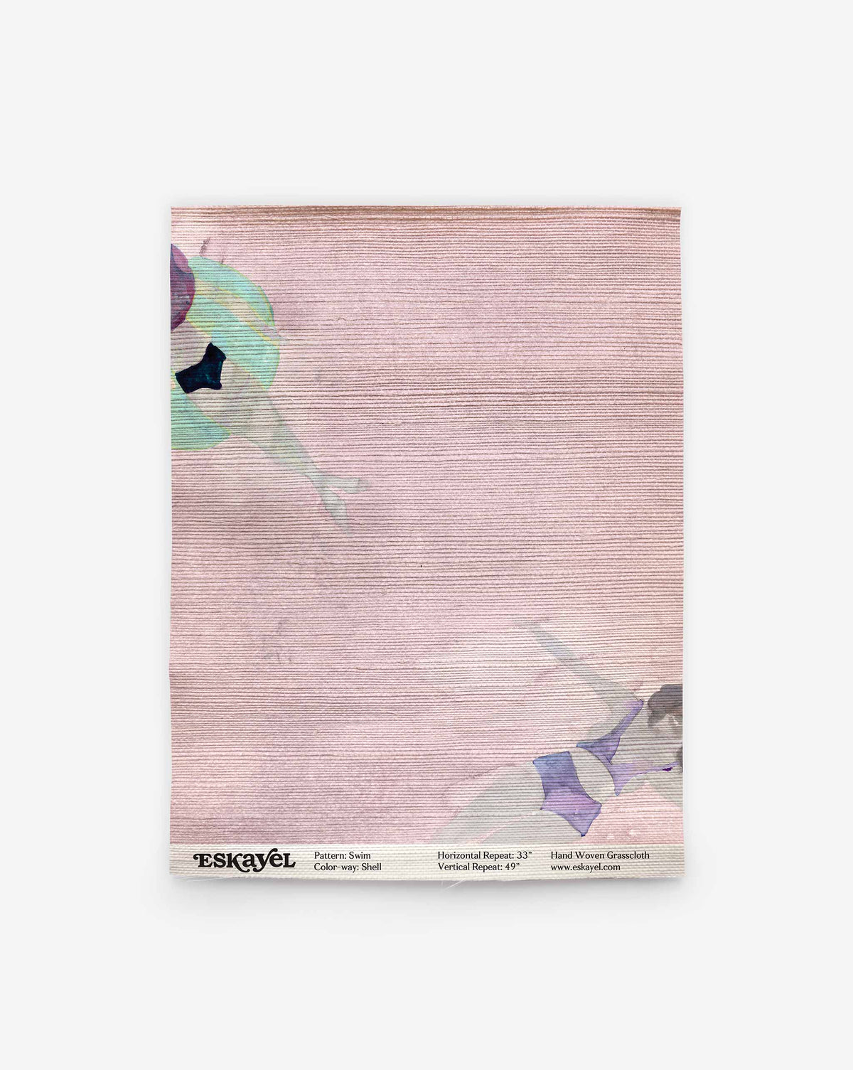 Light pink Swim Grasscloth||Shell wallpaper featuring a watercolor illustration of swimmers, with product information printed at the bottom edge of this coastal wallcovering.